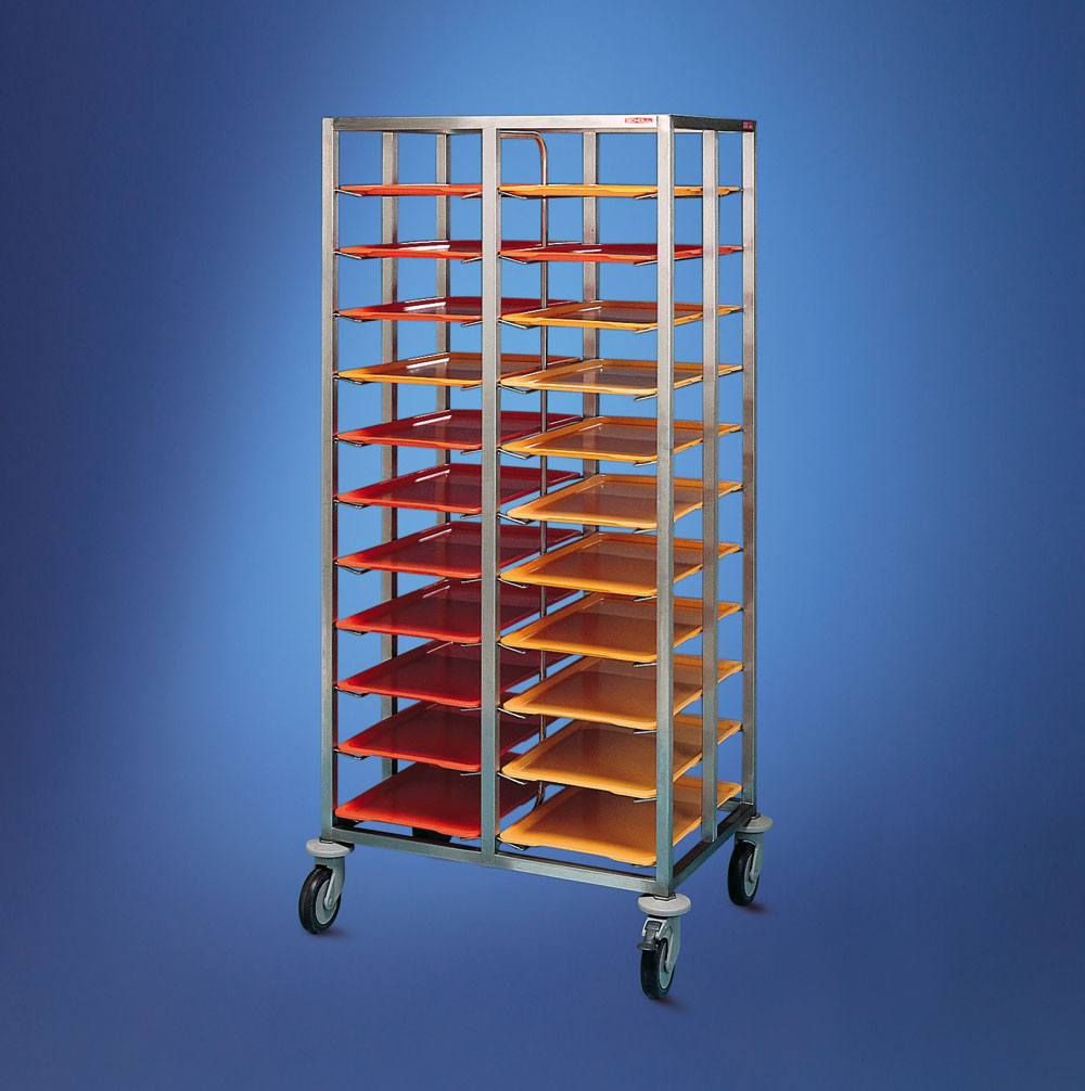 Scholl Edelstahl Tablettwagen TWE - 2 Abteile - 22 Tabletts - Höhe 1650mm