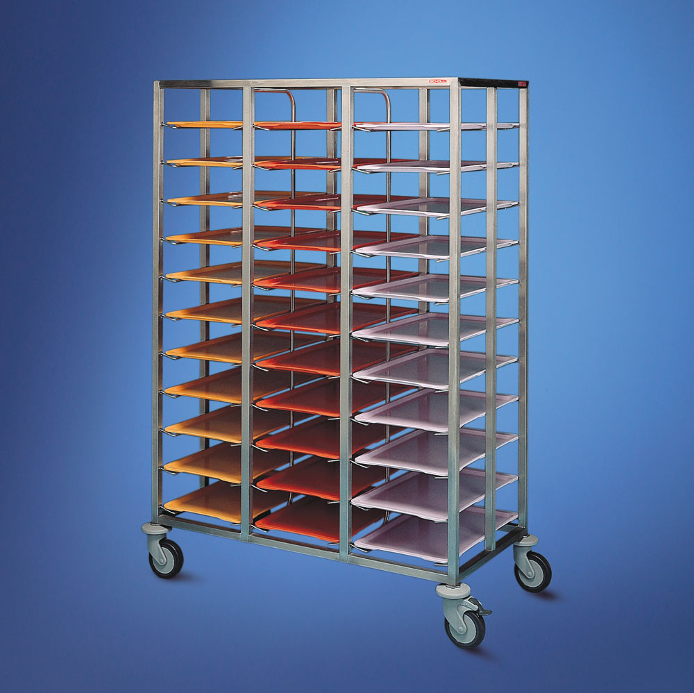 Scholl Edelstahl Tablettwagen TWE - 3 Abteile - 33 Tabletts - Höhe 1650mm